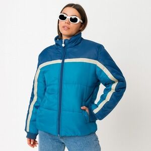 Vintage Y2K Roxy Quiksilver Puffer Jacket Womens L Blue Teal Colorblock Ski Coat